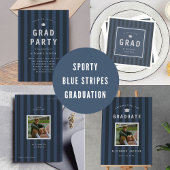 Modern Blue Sporty Stripes Graduation Party 招待状