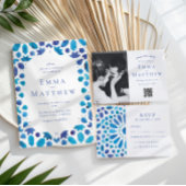 Boho Photo日付をモロッコブルータイルで保存 ポストカード