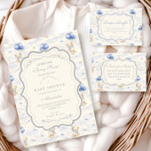 Blueberry Balloon Teddy Toile Baby Shower 招待状
