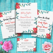 白黒ワイルドフラワーレッドローズ結婚フローラ オールインワン招待状