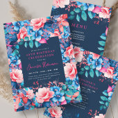 シックな水彩フローラ40thバースデーネイビー 招待状