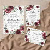 バーガンディ赤面金ゴールド結婚グリーナリーのメニューカード (この独立クリエイターのコレクションをカスタマイズ。)