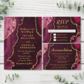 Burgundy Red and Gold Agate Wedding Accommodations エンクロージャーカード (この独立クリエイターのコレクションをカスタマイズ。)