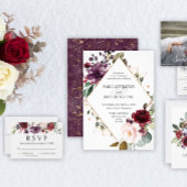 花バーガンディ、プラム、ピンクのリハーサルディナー 招待状