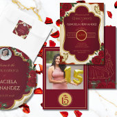 Elegant Gold & Burgundy Quinceañera Invitation 招待状
