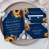Burgundy Roses Sunflower Navy Blue QR Code Wedding 招待状