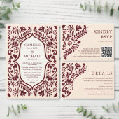 Mexican Burgundy Wedding QR Code 出欠カード (この独立クリエイターのコレクションをカスタマイズ。)