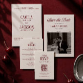 Ivory & Burgundy Wedding Save the Date Photo 招待状