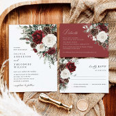 Burgundy Winter Floral Photo Back Wedding 招待状