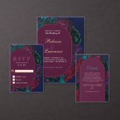 シックなジュエルトーンフローラブルゴーニュ結婚ー海軍のアーチ 招待状 (この独立クリエイターのコレクションをカスタマイズ。)