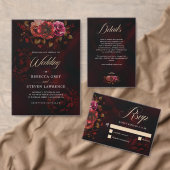 赤エレガント黒フローラ結婚のロマンチックな オールインワン招待状 (この独立クリエイターのコレクションをカスタマイズ。)