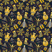 Christmas Gold Santa Snowman Stocking Gift Pattern シャワーカーテン