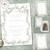 Classic Elegant Sage Green Floral Frame Wedding QR 出欠カード
