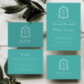 Monogram Crest Turquoise QR Code Wedding 招待状