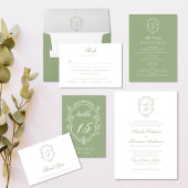 Classic Sage Green Floral Monogram Crest Wedding ラウンドシール