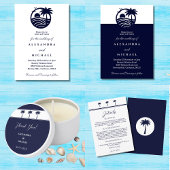 シックなネイビーホワイトパームツリーコースト結婚ーズ ワインラベル