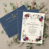 ネイビーブルー |ブルゴーニュフローラジオメト結婚リ 招待状 (この独立クリエイターのコレクションをカスタマイズ。テスト)