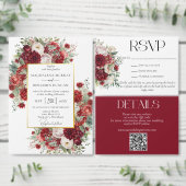 クリムゾンエレガントレッド花模様金ゴールドフレ結婚ーム 招待状 (この独立クリエイターのコレクションをカスタマイズ。)