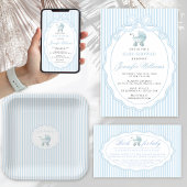 Blue Stroller Baby Carriage Bow Preppy Boy Shower 招待状