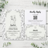 かわいいカップルのイラスト モダンフラワーの結婚式 招待状 (この独立クリエイターのコレクションをカスタマイズ。)