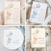 Cute Fox Flying Balloon Blue Boy Baby Shower  招待状
