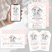 かわいいピンクの水色の象のベビーガールシャワー 招待状