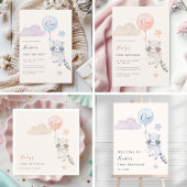 Cute Raccoon Flying Balloon Girl First Birthday  招待状
