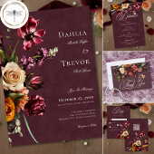 Dark Elegant Autumn Floral Burgundy Wedding セーブザデート