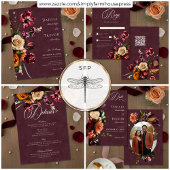 Dark Elegant Autumn Floral Burgundy Wedding Dinner 出欠カード