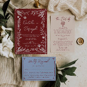 Classy Deep Red Blue Floral QR Code Photo Wedding 招待状