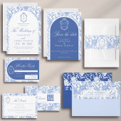 Crest Monogram Blue and White Floral Script 出欠カード