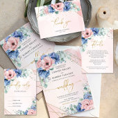 水彩ほこりっぽい青いピンク色の花金ゴールド枠 台座サイン