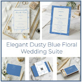 Elegant Dusty Blue Floral Line Art Wedding 招待状
