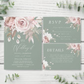Divine Rose Gold Blush & Sage Floral Wedding 箔招待状 (この独立クリエイターのコレクションをカスタマイズ。)