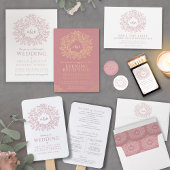 赤面ピンク手描き葉モノグラムRSVP結婚's 出欠カード