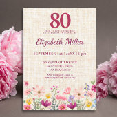 Elegant 80th Birthday for Her - Linen Floral 案内ポストカード