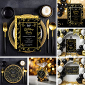 蝶エレガント50thバースデーパーティーブラック金ゴールド 箔招待状