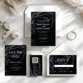 Elegant Midnight Rose Black & White Wedding Photo セーブザデート