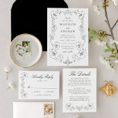 Elegant Black Ornate Floral QR Code Wedding 出欠カード