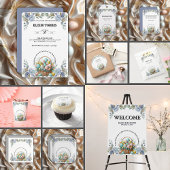 青エレガントフローライースター卵バスケットベビーシャワー 招待状