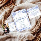 Elegant Blue Floral Graduation Party サンキューカード