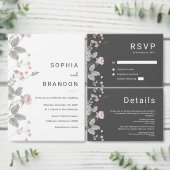 エレガント赤面ピンク&ダークグレーフローラ結婚ズ エンクロージャーカード (この独立クリエイターのコレクションをカスタマイズ。)