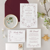 Elegant Burgundy Ornate Floral QR Code Wedding 出欠カード