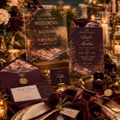Elegant Dark Plum Mountain Wedding| Gold Botanical 招待状
