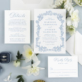 Elegant Dusty Blue Victorian Floral Wedding 出欠カード