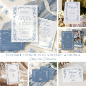 Elegant Blue Victorian Photo QR Code RSVP Wedding 招待状