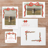 Elegant Red Bow with Greenery Photo Christmas シーズンカード