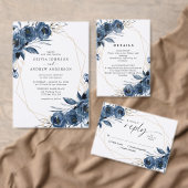 Elegant Navy Blue Flowers & QR Code Wedding  セーブザデート (この独立クリエイターのコレクションをカスタマイズ。)