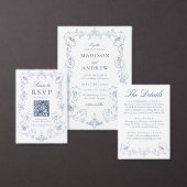 Elegant Navy Ornate Floral Wedding Details エンクロージャーカード (この独立クリエイターのコレクションをカスタマイズ。)
