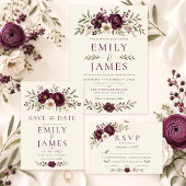 エレガントプラムオリーブボタニカル結婚式詳細カード